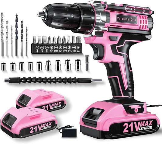 Drill, 21V Cordless Drill with Dual 2.0Ah Power Pack and Charger, Electric Power Drills Set, 3/8 Inch Chuck, 25+1 Torque, 2 Speed 29 Accessories Tool for DIY, Gifts