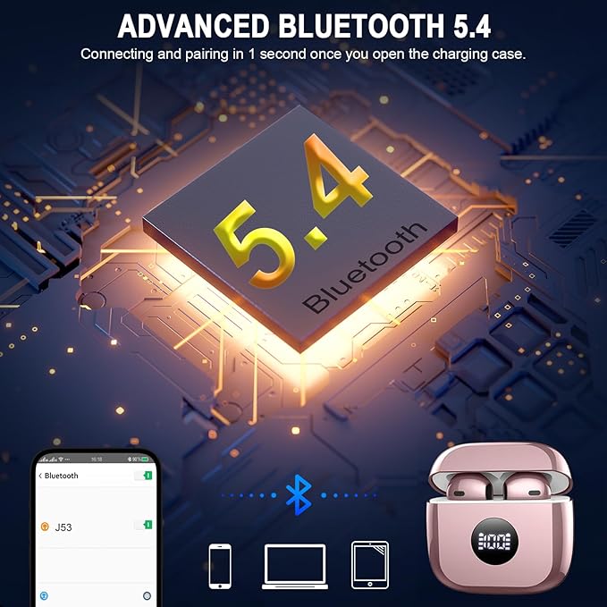 Wireless Earbuds, Bluetooth 5.4 Ear Buds LED Power Display Headphones Bass Stereo, Bluetooth Earbuds in-Ear Noise Cancelling Mic, 40H Playback Mini Case IP7 Waterproof Sports Earphones for Android iOS