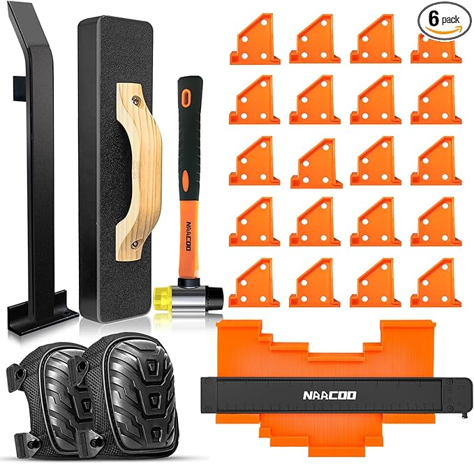 Laminate/Vinyl Flooring Tools, NAACOO Heavy Tapping Block, Heavy Pull Bar, Knee Pads, 10” Contour Gauge, 20pc Upgrade Flooring Spacers, Rubber Mallet/Pro-6 in 1 Floor Installation Kit
