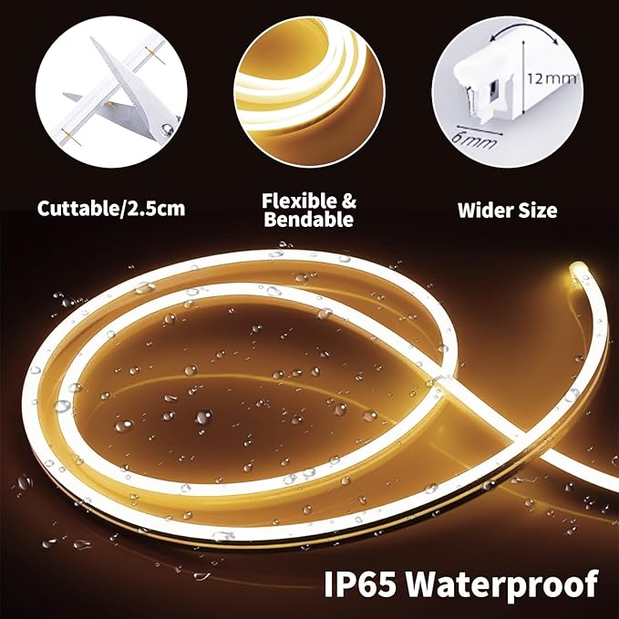 iNextStation 12V Warm White LED Strip Lights 16.4FT, Flexible Silicone Neon Rope Light, Waterproof, Cuttable, Dimmable & Linkable, for Cabinet, Ceiling, Wall, Bedroom, Kitchen, Garage (No Adapter)