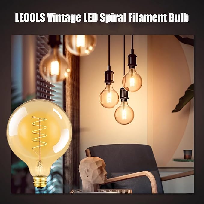 Leools Vintage LED Spiral Filament Bulb G125 Dimmable Flick-Free 6W CRI95 LED Edison Globe Light Bulb E26 Base,Amber Glass,Warm White,2200K, 500LM(60W Equivalent), Pack of 1