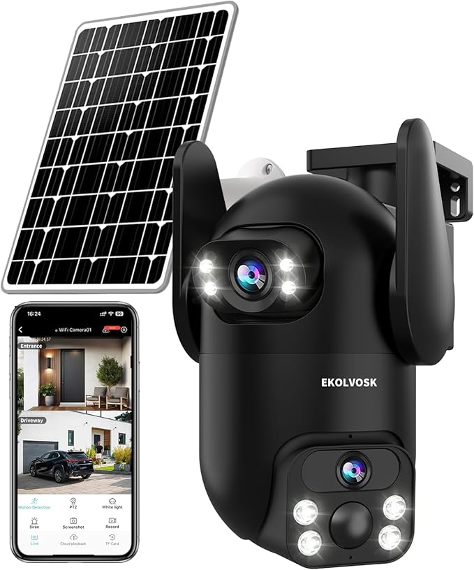 Solar Security Cameras Wireless Outdoor, Dual Lens 2K 360° View Cameras for Home Security, 2.4/5 GHz Wi-Fi, 2-Way Audio, Night Vision, Motion Detection, SD/Cloud Storage, IP65 Outdoor Camera