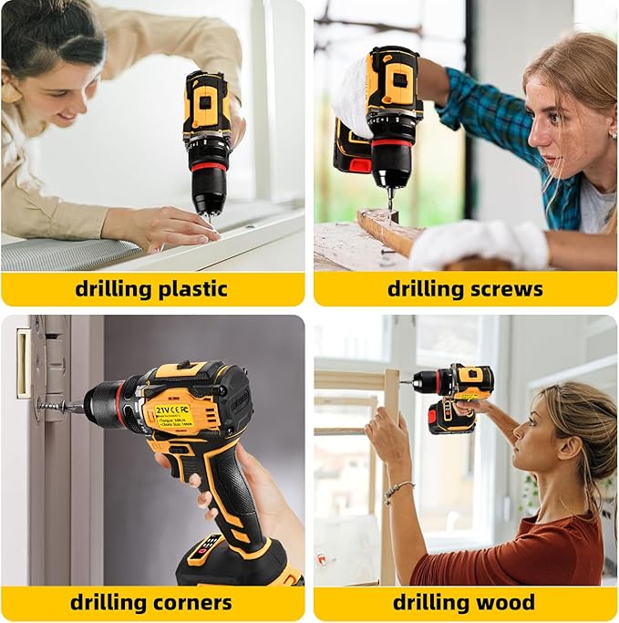21V Cordless Power Drill/Driver Set, 2 Variable Speeds with LED Light, 3/8" Keyless Chuck, 2 Batteries & Charger, 28-Piece Kit for Home Use(Yellow)