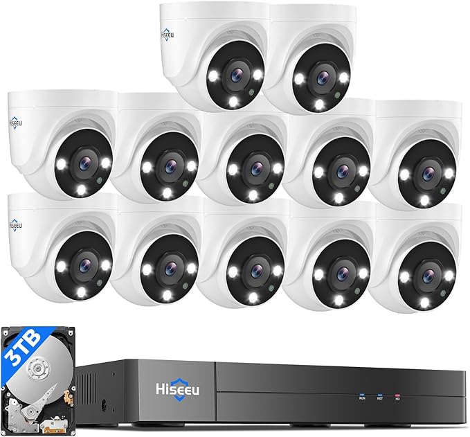 Hiseeu 16 Channel 3K Wired Security Camera System with Smart Dual Light,Audio,Person/Vehicle Detection,121°Wide View,5MP 16CH DVR,12PCS 5MP IP67 Outdoor CCTV Cameras,3TB HDD for 24/7 Surveillance
