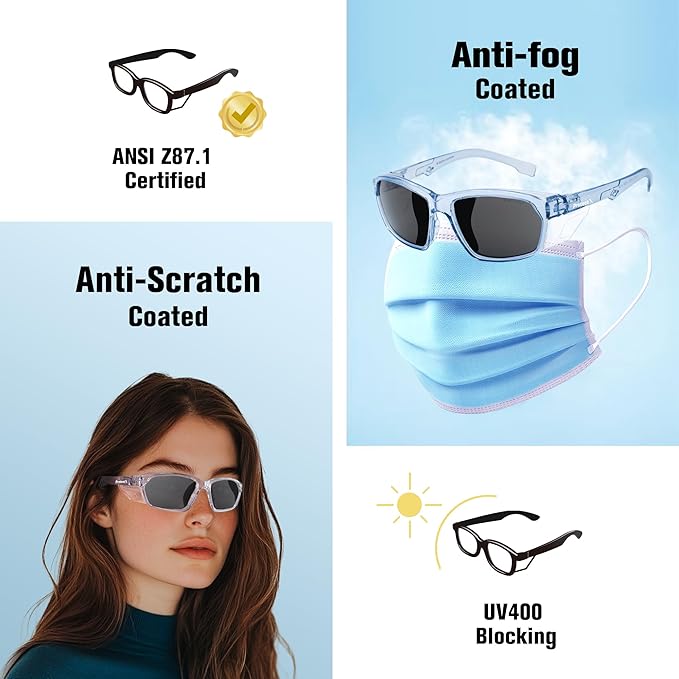 ProtectX Stylish Anti-Fog & Scratch-Resistant Safety Glasses With Readers, UV Protection Goggles, Anti-Impact Lightweight Glasses for Men＆Women Tinted Smoke Blue