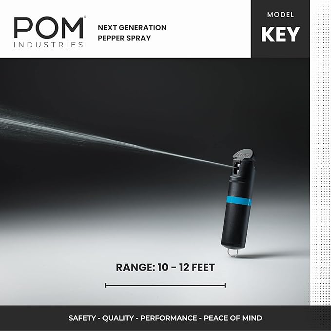 POM Pepper Spray Keychain, Quick Key Release for Instant Access, Flip Top Safety, Maximum Strength OC Formula with UV Marking Dye, 25 Bursts, 10 ft Range, 0.5 fl oz