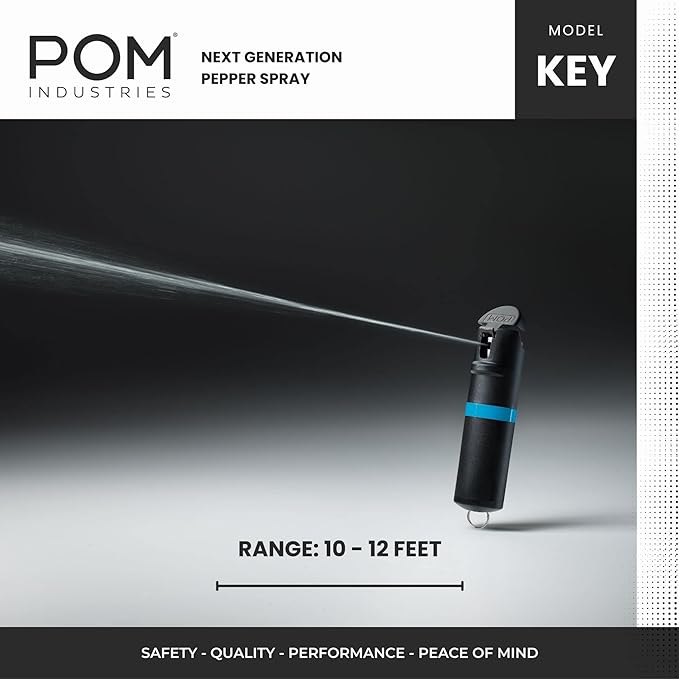 POM Pepper Spray Keychain, Quick Key Release for Instant Access, Flip Top Safety, Maximum Strength OC Formula with UV Marking Dye, 25 Bursts, 10 ft Range, 0.5 fl oz