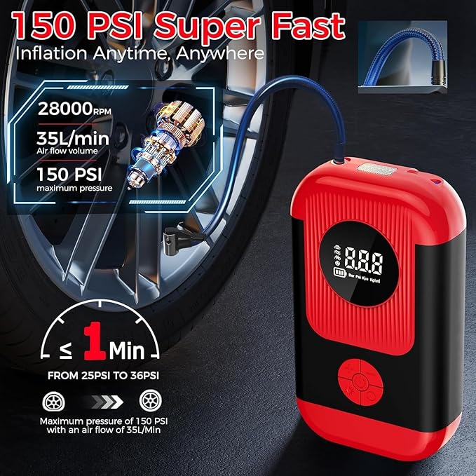 Jump Starter with Air Compressor,5000A Portable Car Battery Booster (10 Gas/8L Diesel) with 150PSI Tire Inflator,12V Car Battery Jump Box,Cordless Air Pump for,Motorcycle,Bike, Balls,LED Light