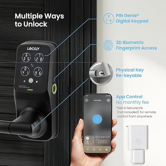 Lockly Secure Plus Bluetooth Smart Door Lock, Keyless Entry with PIN Genie® Digital Keypad, 3D Biometric Fingerprint Sensor Front Door Lock with Handle, Voice Control & Auto Lock - Latch Edition