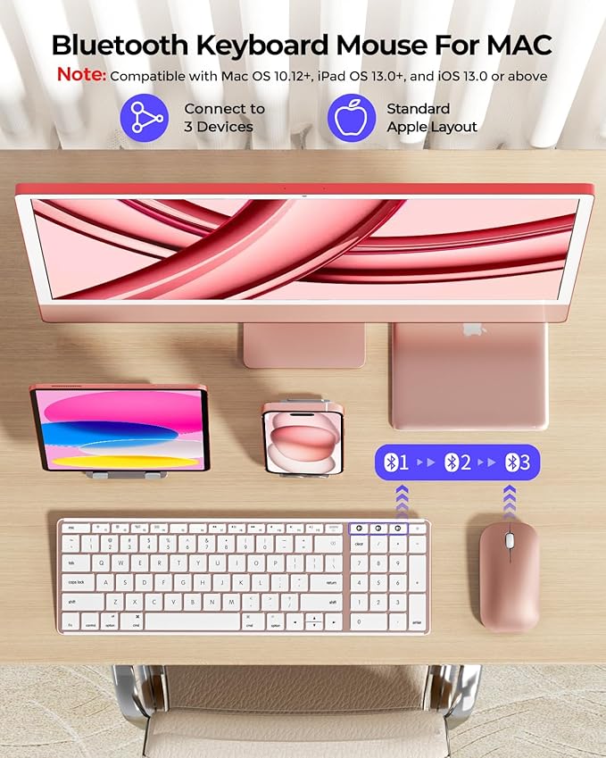 seenda Bluetooth Keyboard and Mouse for Mac, SKM64-2 Multi-Device Rechargeable Slim Wireless Keyboard Mouse Stainless Steel Full Size, Compatible with MacBook Pro/Air, iPad, Mac - White Rose Gold