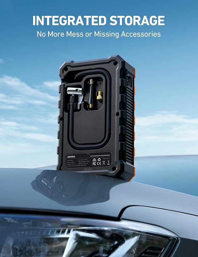 AstroAI S8 Air Jump Starter with Air Compressor, 1500A Peak Car Battery Jump Starter Portable (6.0 Gas/3.0L Diesel) with 150PSI Cordless Auto-Shutoff Tire Inflator, 12V Battery Charger Booster(Orange)