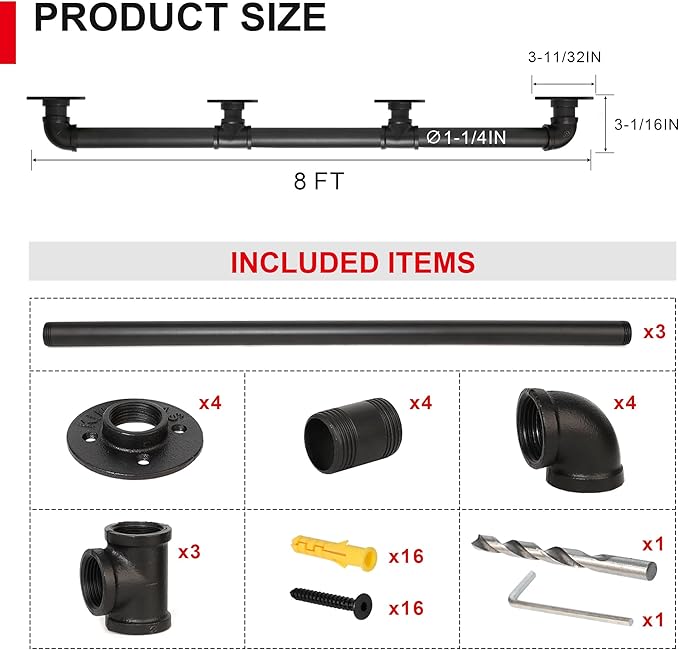 SCIEO 8FT Industrial Stair Handrail, Wall-Mounted Staircase Handrail for Indoor Outdoor Steps, Metal Pipe Stair Railing Galvanized Steell Hand Rail Non-Slip Grab Bar for Steps Stairs Porch Deck