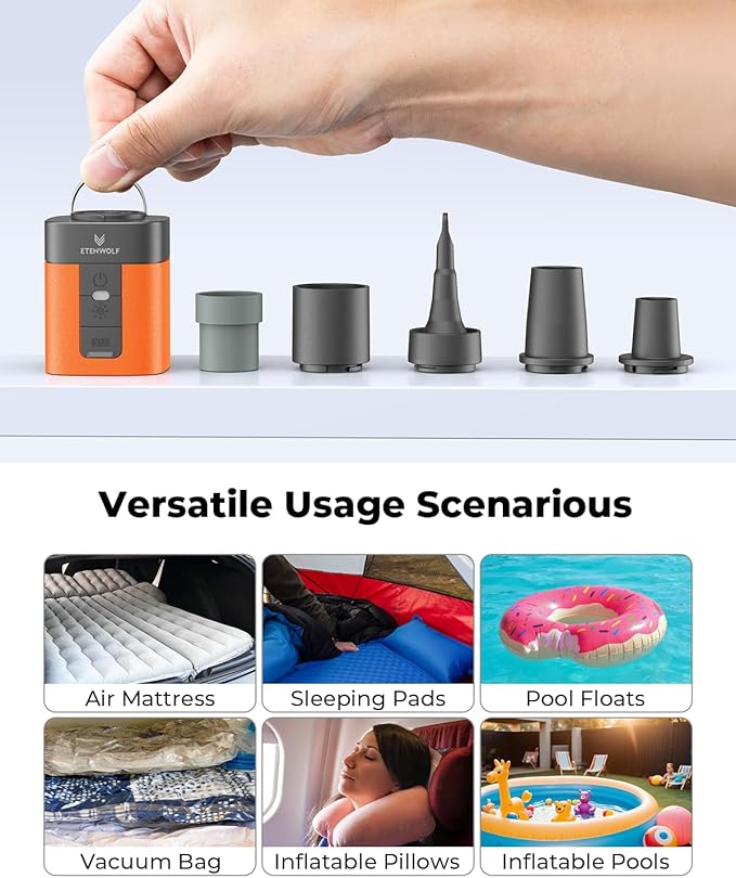 ETENWOLF AIR 3 Air Pump for Inflatables with 2600 mAh Battery & Camping Light, Ultra-Fast and Mini Electric Air Pump, Inflate Deflate for Air Mattress, Pool Floats, Vacuum Storage Bags