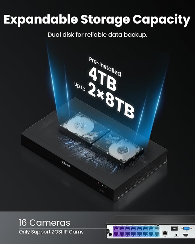 ZOSI 4K 8MP 16CH PoE Security Camera System, 12 x 3K 5MP C186 Aurora Lux True Full Color Night Vision Outdoor Indoor PoE Wired Camera, Person/Vehicle Alerts, Light & Siren, Two-Way Talk, with 4TB HDD