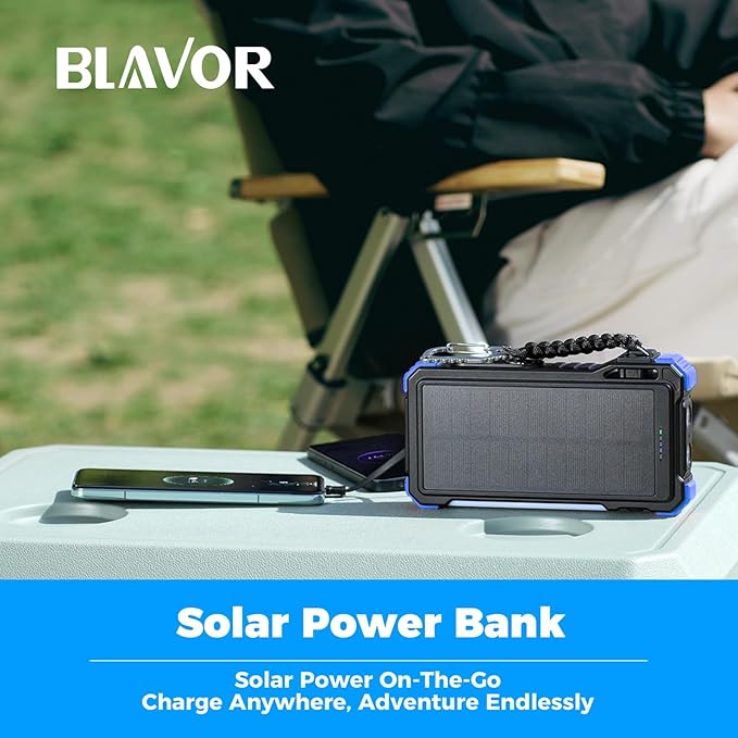 BLAVOR Solar Power Bank 20000mAh/74000mWh Built-in Cables, Wireless Charger for Apple Watch, 20W Fast Charging Battery Pack with USB C, Flashlight, Solar Charger for iPhone, iPad, iWatch, Samsung