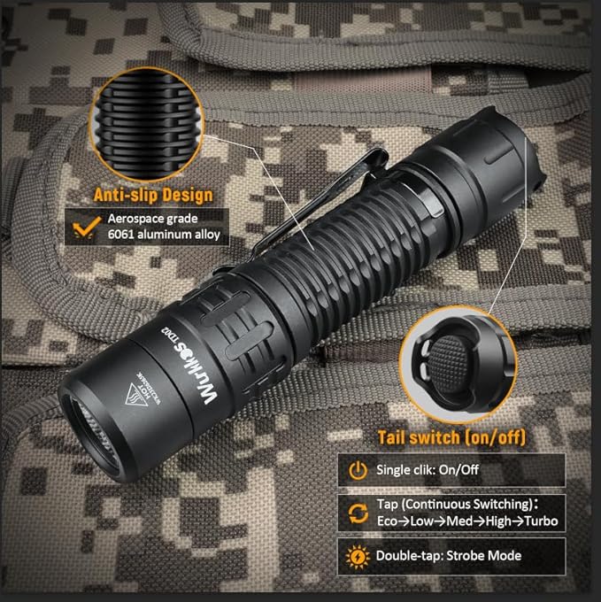 Wurkkos TD02 Led Tactical Flashlight, Super Bright Pocket Flashlights Rechargeable, 2000 High Lumens Flashlight EDC Flash Light with Type C Charging Port Tail Switch for Outdoor and Indoor Activities