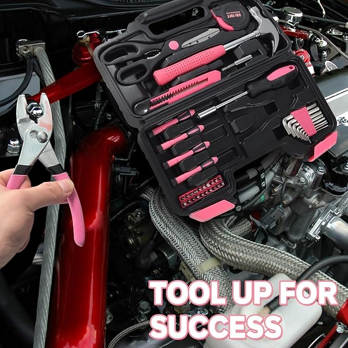 39-Piece Household Tool Set in - Perfect for Home, Garage, Office and Dorm Use - Essential Tools for The Whole Family (Pink)