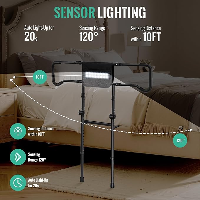 Bed Rails for Elderly Adults Safety with Motion Sensor Light - Adjustable Height Bed Assist Rail w/Storage Pocket, Support Handles Guard Rail for Seniors, King Queen Full Twin Bed