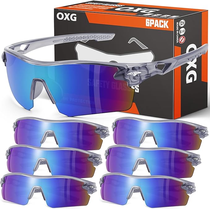 OXG 6 Pack Safety Glasses, Scratch Resistant Wraparound Lenses ANSI Z87.1 Protective Eyewear for Unisex