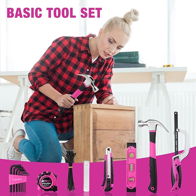 ValueMax Home Tool Kit with Cordless Lithium-ion Drill, 237-Piece Pink Tool Set, Power Tool Set with Wide Mouth Open Storage Bag, Basic Drill Sets Combo Kit for DIY and Daily Repair