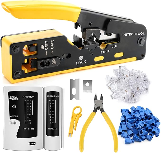 PETECHTOOL RJ45 Crimp Tool Pass Through Cat7 Cat6 Cat5 Crimping Tool with 50-Pack Cat6 RJ45 Pass Through Connector, 50-Pack RJ45 Boots, Network Cable Tester, Wire Cutter and mini Wire Stripper