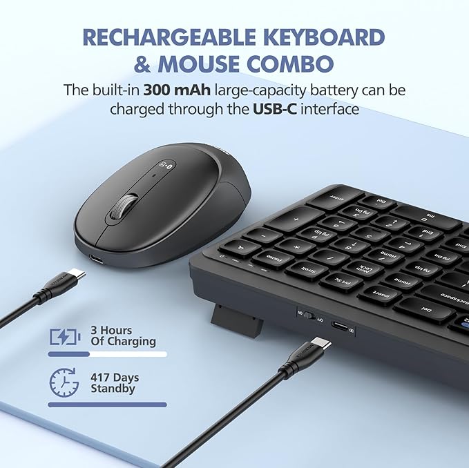 Wireless Keyboard and Mouse Combo for Desktop Mac iPad Bluetooth 2.4 Ghz Rechargeable Silent Click with Number Pad Black Compatible with Pc, Laptop, Tablet (Black)