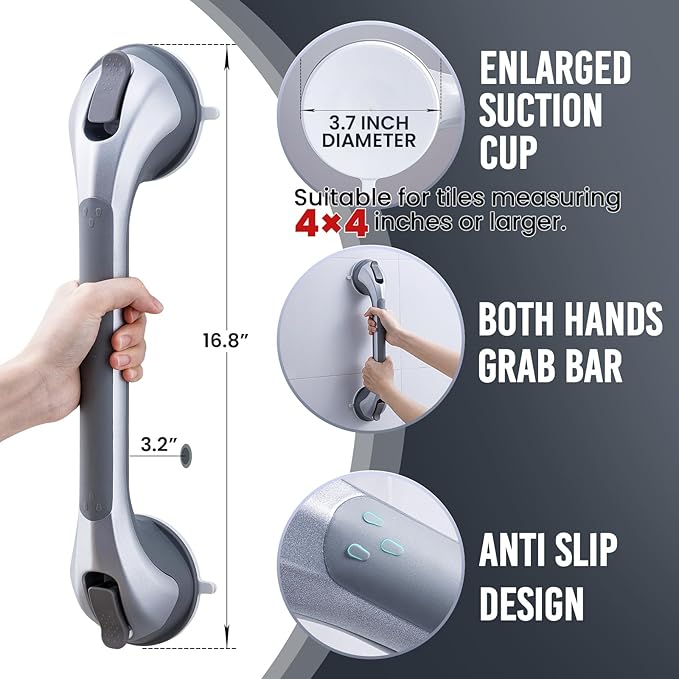 TAILI Shower Grab Bar 2 Pack 16 Inch Suction Grab Bars for Bathtubs & Showers, Heavy Duty Shower Handle Removable Shower Handrails for Elderly and Seniors, No Drilling Waterproof, Silver