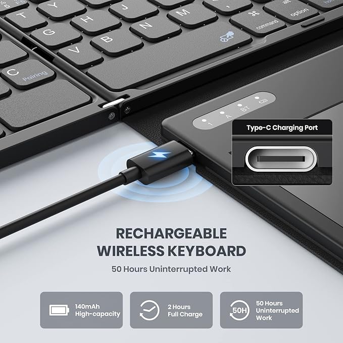Foldable Bluetooth Keyboard, Portable Full Size Folding Keyboard with Large Touchpad, Numeric Keypad, PU Leather, Wireless TravelKeyboard for Windows Android Mac(Sync up to 3 Devices)