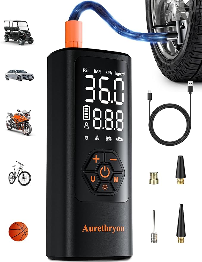 Tire Inflator Portable Air Compressor with Gauge, 150 PSI Mini Cordless Battery Powered Auto Air Pump for Car Tires - Electric Bike Tire Pump for Car/Motorcycle/Bicycle/Ball