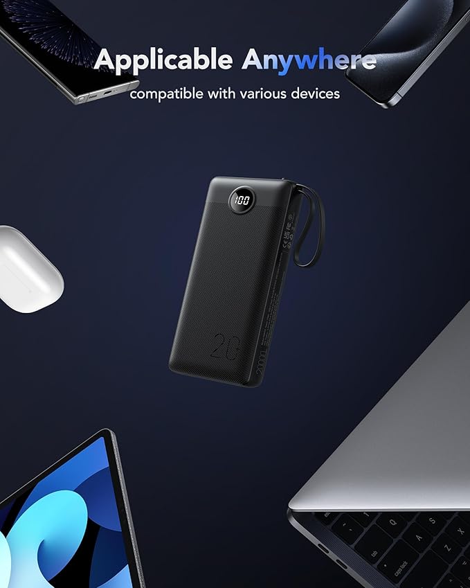 VRURC Portable Charger 20000mAh, Built-in Cable Fast Charging Power Bank, PD QC 3.0 Travel Essentials Battery Pack, 4 Output & 2 Input Phone Charger for iPhone,Samsung, Android-Black