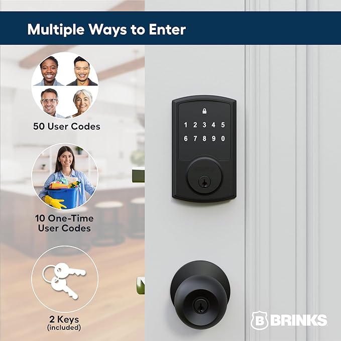 Brinks Keyless Entry Electronic Touchpad Door Lock -Backlit Keypad Deadbolt with Advanced Security, Custom User Codes, Auto-Lock, for Front Door, Home or Office, Matte Black