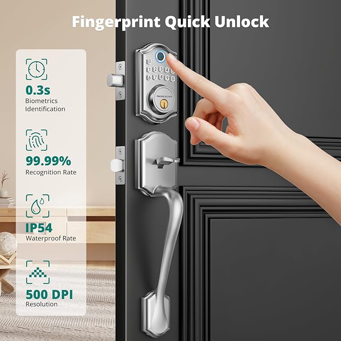 DS10 Keyless Entry Door Locks - Keypad Lock with Handle Set, Fingerprint Deadbolt, Smart Locks for Front Doors, Auto-Lock & One Touch Locking, 2 Keys, Easy Installation