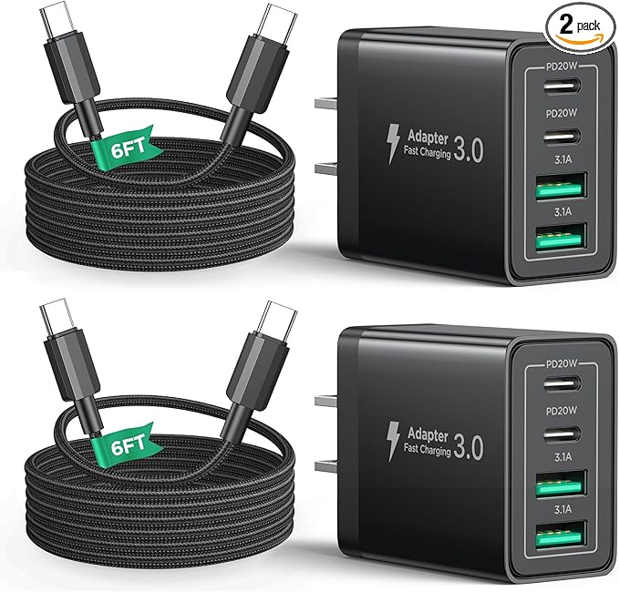 40W USB C Charger Cube, 2Pack 4-Ports Wall Plug Fast Charging Block with 6FT USBC to USBC Cord, Multiport Brick Type C Box Compatible with iPhone 16/15, Samsung S25 S24 S23, iPad, Cellphones Charger