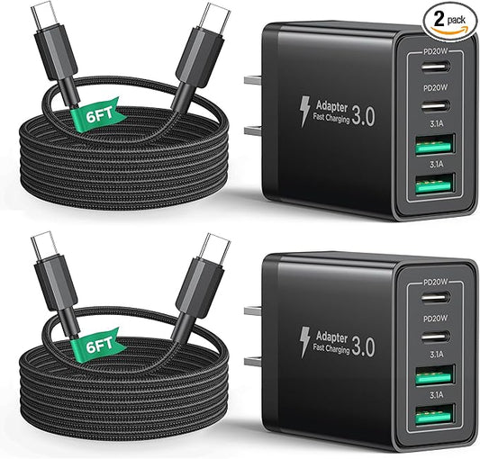 40W USB C Charger Cube, 2Pack 4-Ports Wall Plug Fast Charging Block with 6FT USBC to USBC Cord, Multiport Brick Type C Box Compatible with iPhone 16/15, Samsung S25 S24 S23, iPad, Cellphones Charger