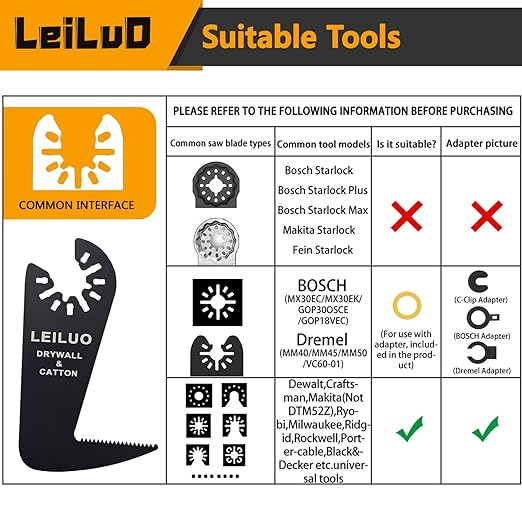 LEILUO 6 Pcs Multitool Oscillating Tool Blade Drywall & Multi-Material Cutting Universal Fit for DeWalt Makita & More