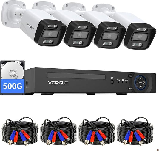 Wired Security Camera System, 8 Channel 5MP Lite CCTV Surveillance DVR Kit with 4 x 3MP Home AHD Security Camera Outdoor, IP66 Waterproof Metal Shell, Remote Access, Smart Detection,500G HDD