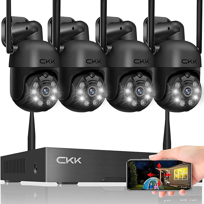 Wireless Security Camera System, 4pcs 3MP PTZ Cameras Outdoor Indoor, CKK WiFi Surveillance NVR System with Floodlights & Siren Alarm, 2 Way Audio, 24/7 Record, Expandable 10CH, No HDD