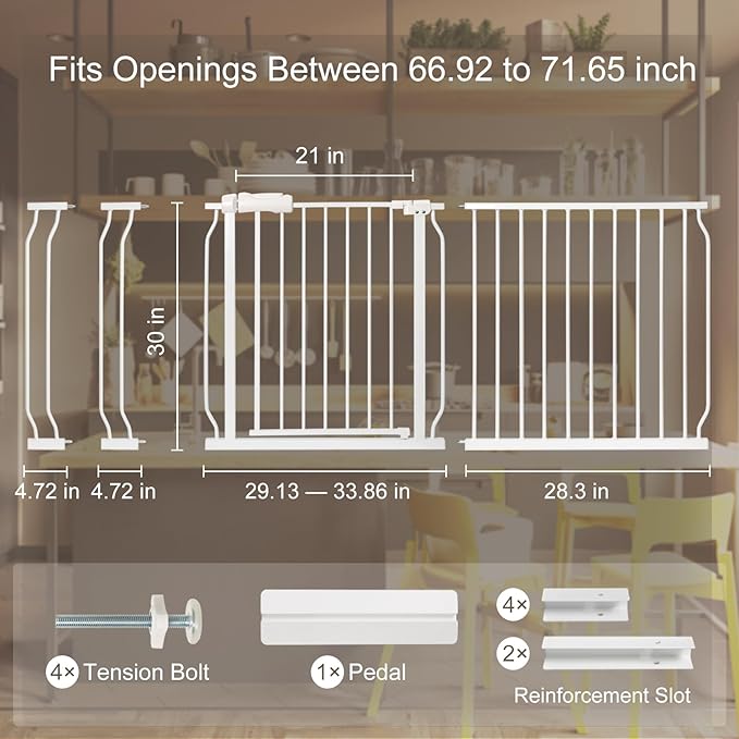 Extra Wide Baby Gate with Door Pressure Mounted 66.92-71.65 Inch,Child Baby Gates for Doorways No Drilling,Walk Through Dog Gate Indoor for The House Kitchen Stairs,White