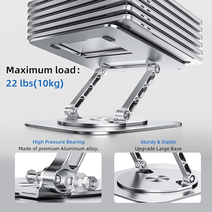 Adjustable Laptop Stand for Desk, Ergonomic Riser with 360° Rotating Base, Foldable Notebook Computer Holder Compatible MacBook Air Pro, Dell XPS, More 10-17" Laptops, Silver