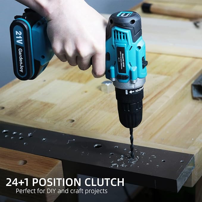 GardenJoy Cordless Power Drill Set - 21V Electric Drill Driver Kit with Battery and Fast Charger, 65pcs Acessories, 2 Variable Speed Control, 3/8-Inch Keyless Chuck and 24+1 Torque Setting