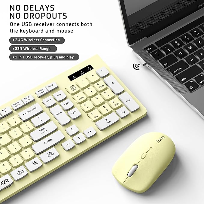 Canary Wireless Keyboard and Mouse Combo - Full-Sized Keyboard and Adjustable DPI Mouse, 2.4GHz USB Receiver, for PC, Windows, Desktop, Laptop - Yellow