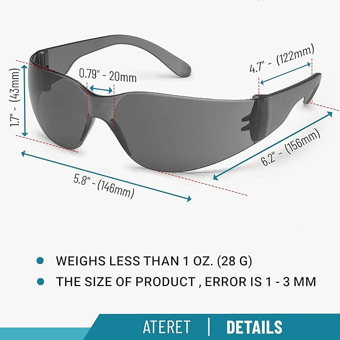 ATERET 24 Pairs Safety Glasses, Scratch and Impact Resistant, Polycarbonate ANSI Z87.1 Lens, Protective Eyewear for Lab, Industrial, Carpentry, Shooting (Grey)