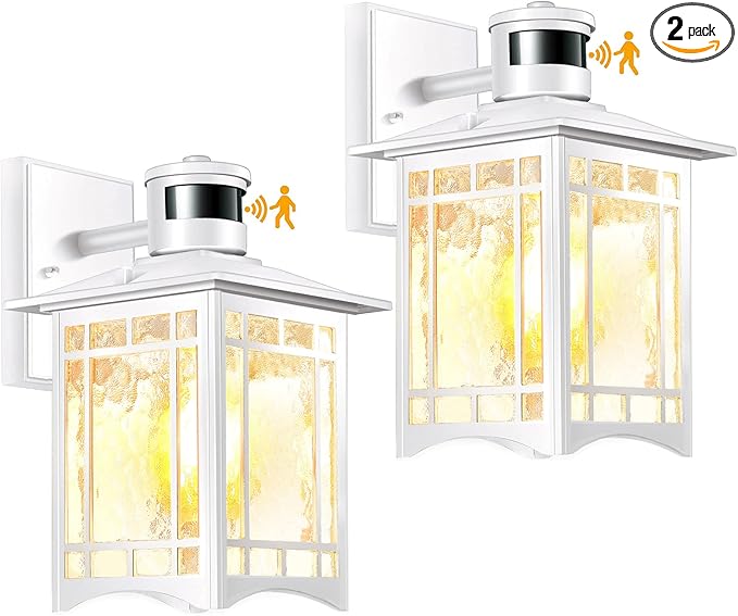 2 Pack White Outdoor Wall Lights with Motion Sensor - Dusk to Dawn Lighting, Modern LED Exterior Light Fixture - Porch Lantern for House Garage - Anti-Rust Outdoor Wall Sconce