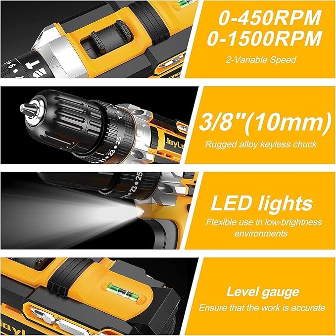 Cordless Drill Set, 21V Power Drill with 2 Battery and Charger,25+3 Torque Setting Electric Drill with 56 Acessories, Built-in 3/8'' Keyless Chuck, LED Light, Max 398 in/lb Electric Screwdriver