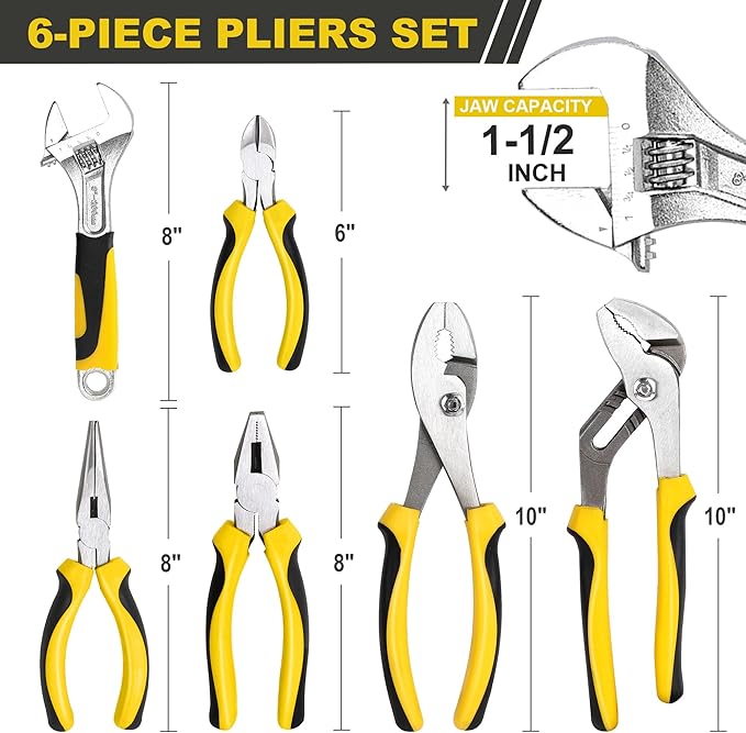 TOPLINE 6-Piece Pliers and Wrench Set, 8” Adjustable Wrench, 10” Groove Joint, 10” Slip Joint, 8” Linesman, 8” Long Nose, 6” Diagonal Pliers for Home Repair and Daily Use