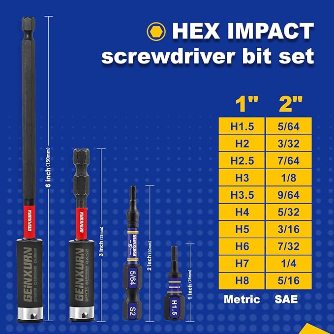 22 Pieces Multi Hex Head Impact Tough Magnetic Allen Wrench Drill Bits Set, 1 In./2 In. Mixed Hex Head (Metric&SAE) S2 Steel Power Bits Set with Bit Extension Holder