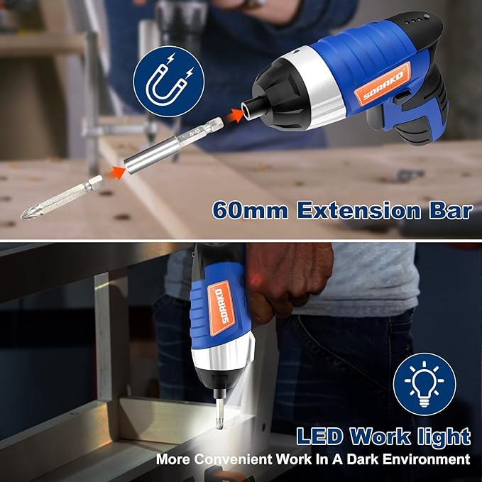 Electric Screwdriver, SORAKO Cordless Screwdriver Rechargeable 4V Max, Power Screwdriver with LED Light, 1300mAh Battery Screwdriver 6 Nm 30 PCS Screw Gun Accessories for Home DIY, Car Repair