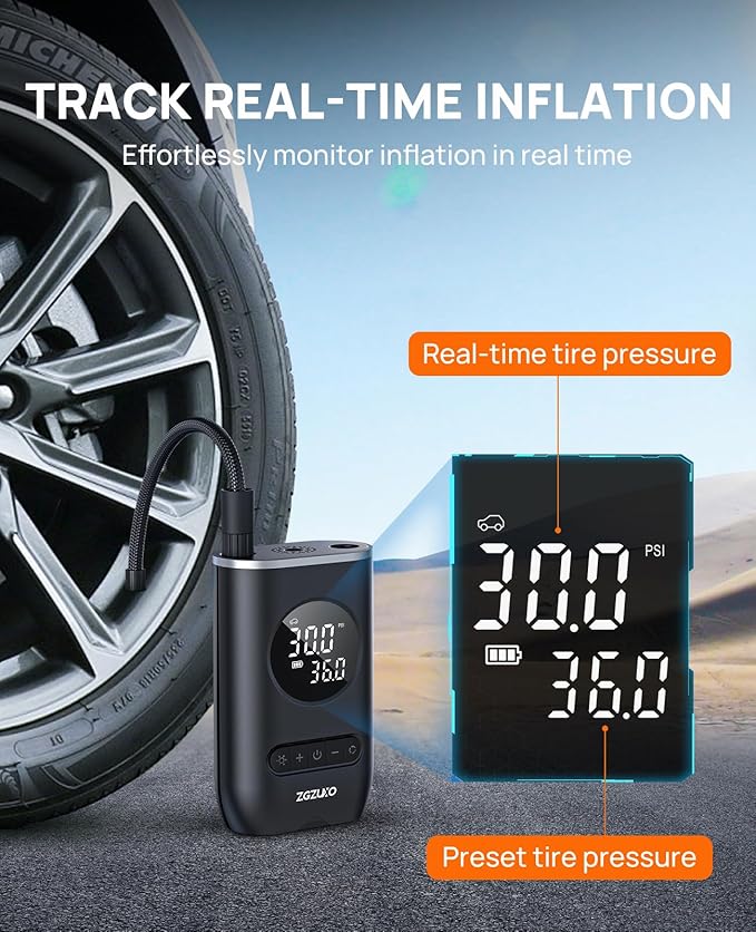 Tire Inflator Portable Air Compressor - ZGZUXO 150PSI Cordless Air Pump for Car Tires with Pressure Gauge LED Light, Electric Bike Tire Pump for Car Motorcycle Bicycle Ball, Auto Shut-Off