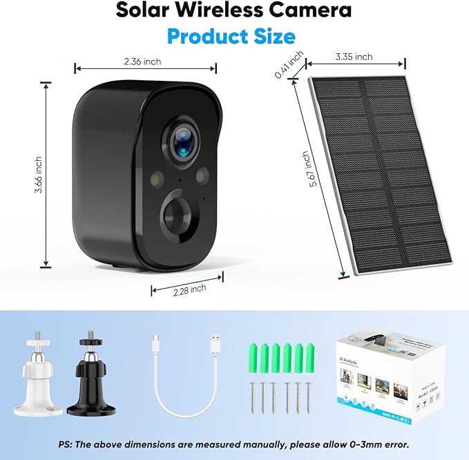 Solar Security Cameras Wireless Outdoor, 2K Solar Camera Wireless for Home, Color Night Vision, PIR Motion Detection, IP66 Waterproof, Cloud Storage/SD Card, Instant Alerts,2.4GHz WiFi (Black)