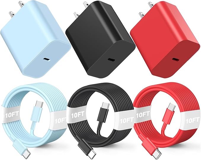 Compatible with Phone 16 15 Charger Fast Charging 10ft, 60W Fast Type C to C Charger Cord Long,15/16 Plus,15/16 Pro Max, for MaccBoook Pro/Air, for Pad Air 4/5/Minii 6/Pro 12.9/11,Blue/Black/Red